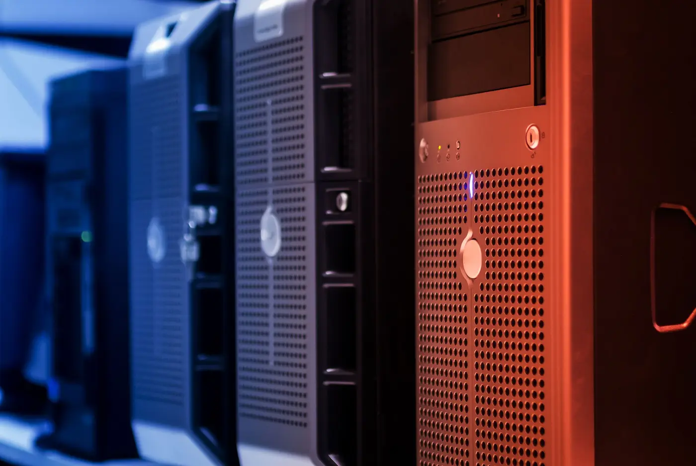 Server racks glowing in a data center