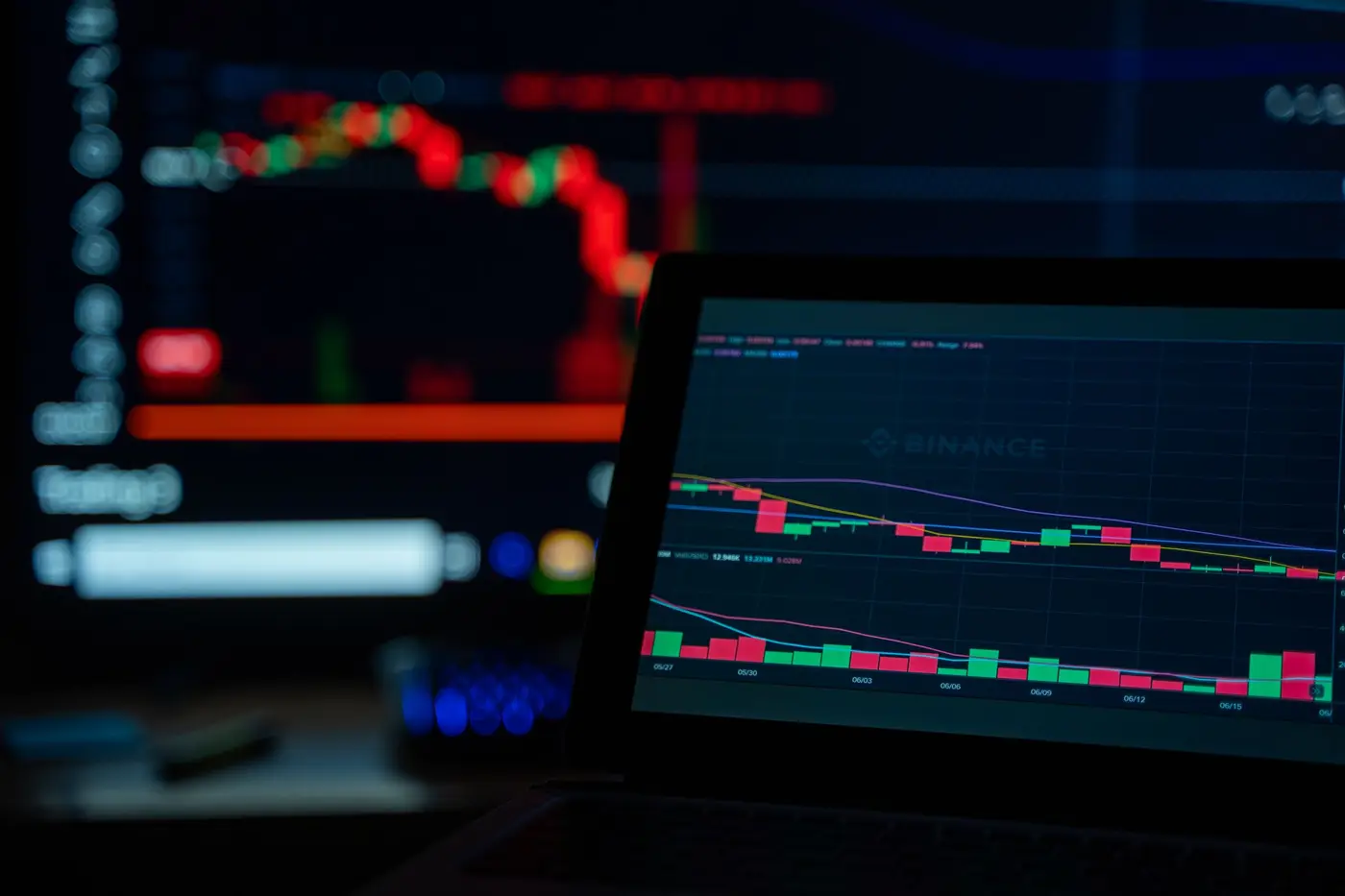 Trading charts on screens at night